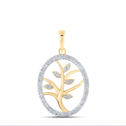 10kt Yellow Gold Womens Round Diamond Tree Oval Pendant 1/10 Cttw