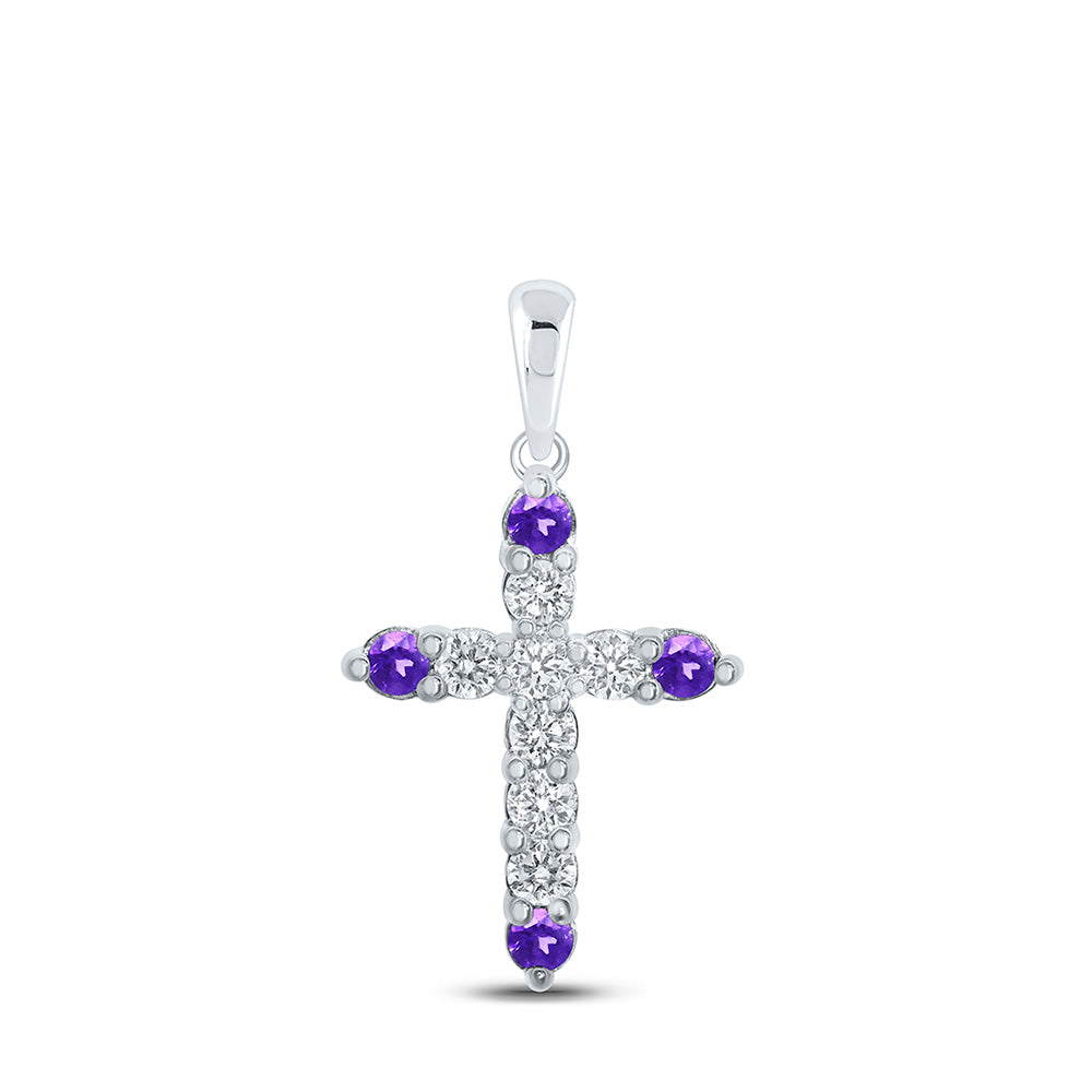 10kt White Gold Womens Round Synthetic Amethyst Diamond Cross Pendant 1/4 Cttw