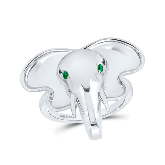 Sterling Silver Womens Round Emerald Elephant Animal Ring .03 Cttw