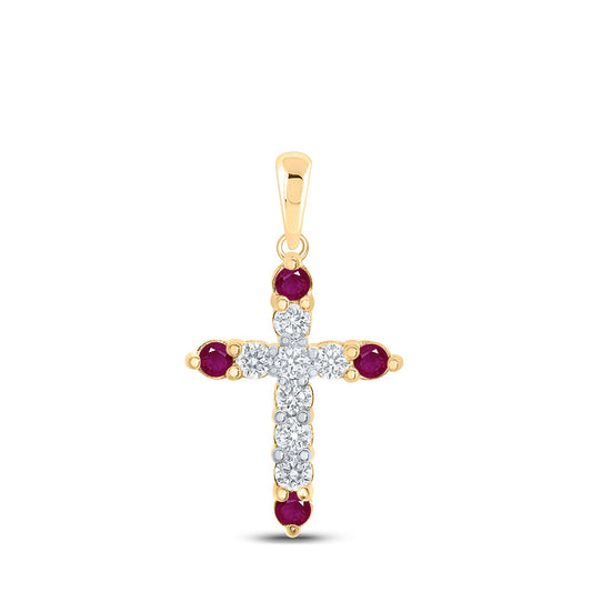 10kt Yellow Gold Womens Round Ruby Diamond Cross Pendant 1/4 Cttw