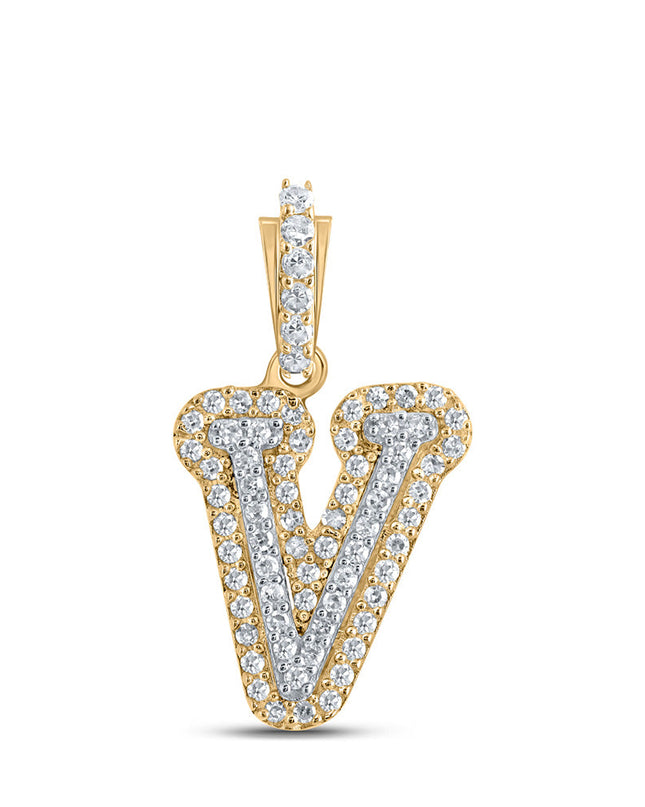 10kt Yellow Gold Womens Round Diamond V Initial Letter Pendant 1/5 Cttw