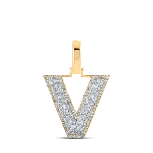 10kt Yellow Gold Mens Baguette Diamond V Initial Letter Charm Pendant 1/2 Cttw