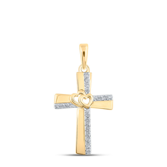 10kt Yellow Gold Womens Round Diamond Heart Cross Pendant 1/10 Cttw