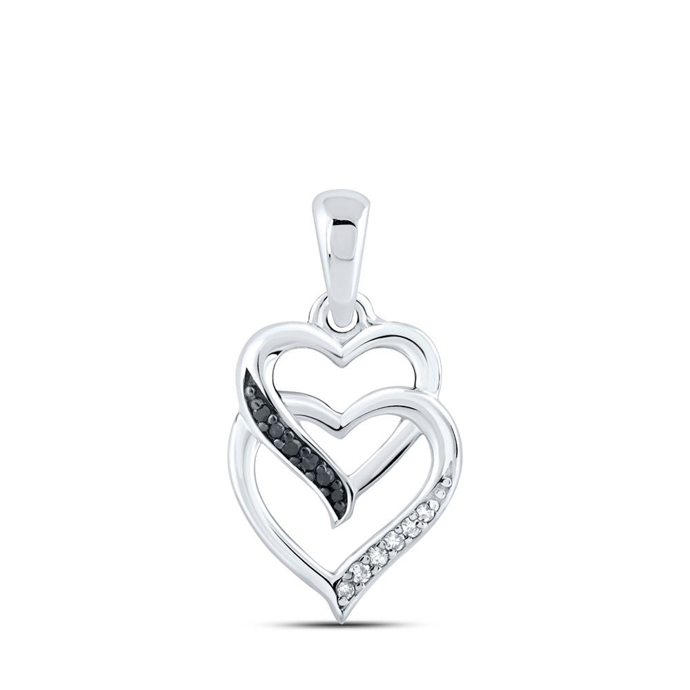 Sterling Silver Womens Round Diamond Double Heart Pendant 1/20 Cttw