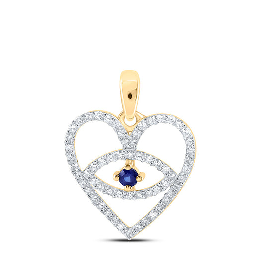 10kt Yellow Gold Womens Round Blue Sapphire Diamond Eye Heart Pendant 1/3 Cttw