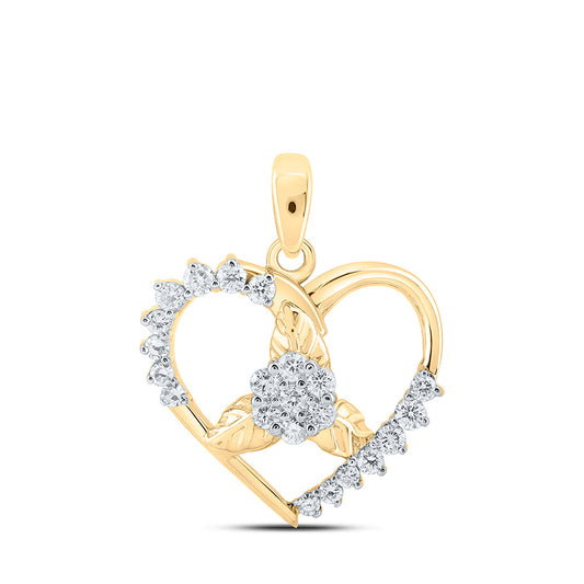 10kt Yellow Gold Womens Round Diamond Flower Heart Pendant 1/4 Cttw