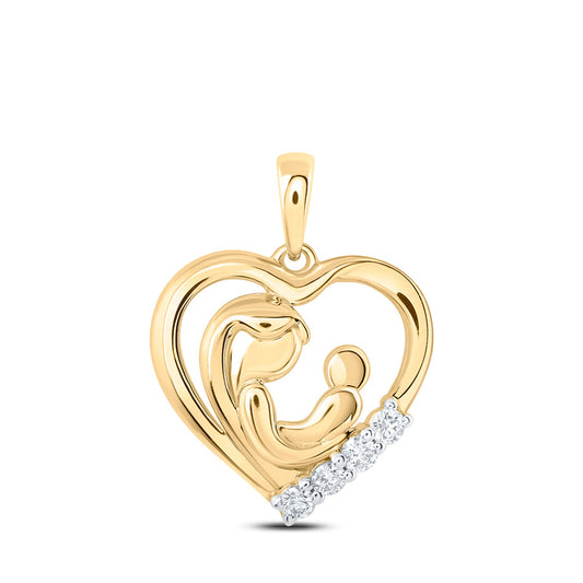 10kt Yellow Gold Womens Round Diamond Mother Child Heart Pendant 1/5 Cttw