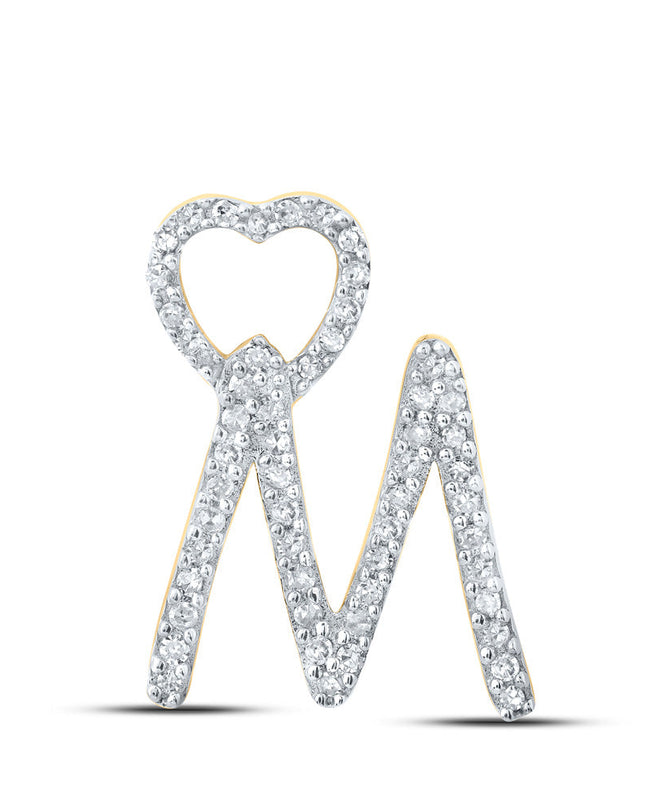 10kt Yellow Gold Womens Round Diamond M Heart Letter Pendant 1/6 Cttw