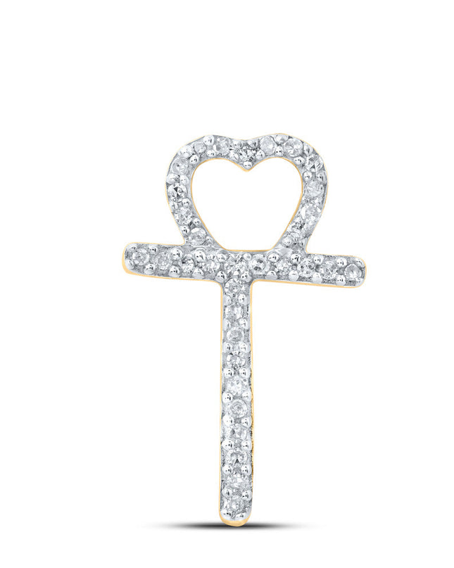 10kt Yellow Gold Womens Round Diamond T Heart Letter Pendant 1/10 Cttw