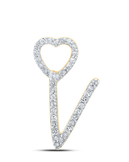 10kt Yellow Gold Womens Round Diamond V Heart Letter Pendant 1/10 Cttw