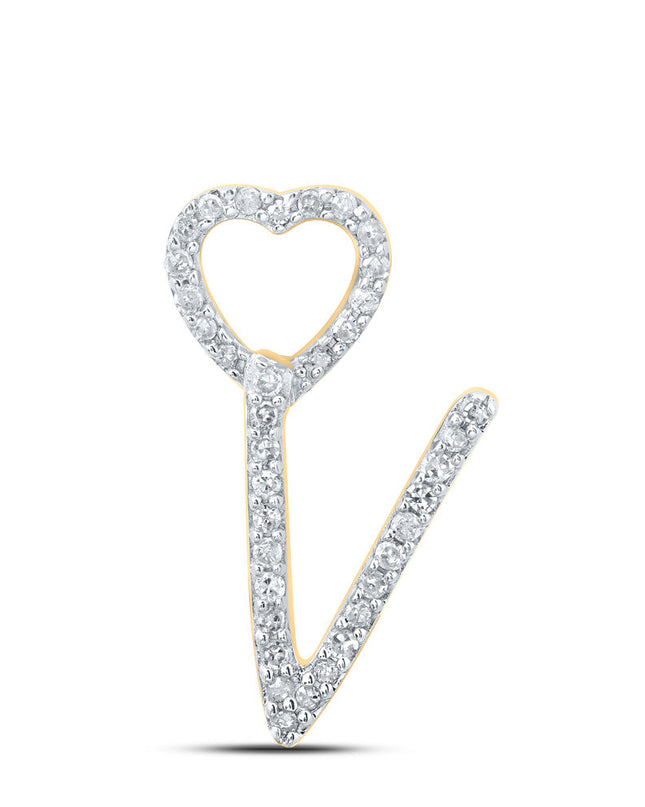 10kt Yellow Gold Womens Round Diamond V Heart Letter Pendant 1/10 Cttw