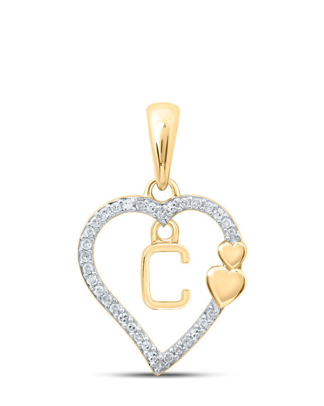 10kt Yellow Gold Womens Round Diamond C Heart Letter Pendant 1/10 Cttw