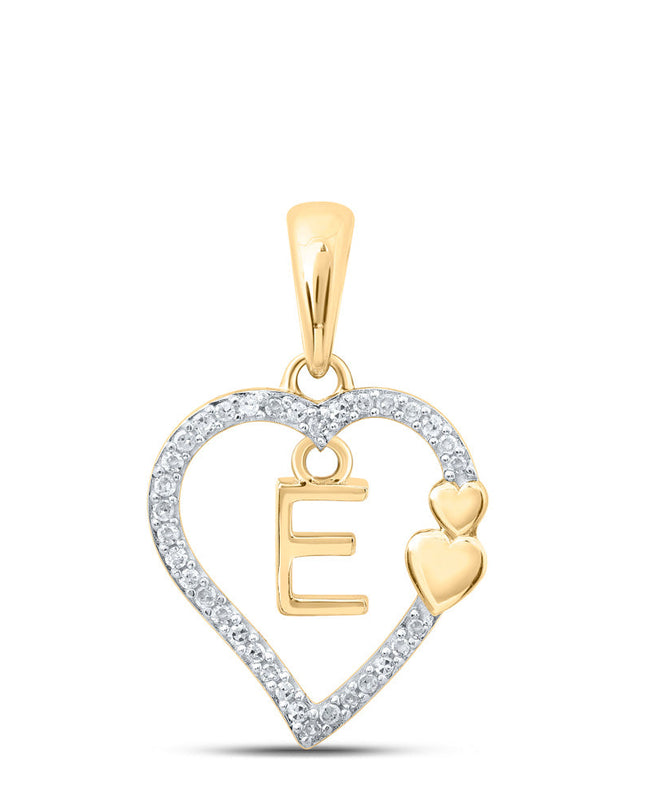 10kt Yellow Gold Womens Round Diamond E Heart Letter Pendant 1/10 Cttw