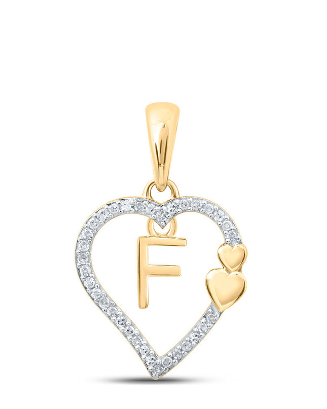 10kt Yellow Gold Womens Round Diamond F Heart Letter Pendant 1/10 Cttw