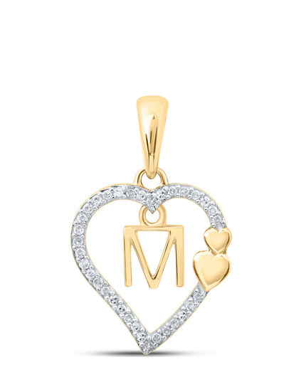 10kt Yellow Gold Womens Round Diamond M Heart Letter Pendant 1/10 Cttw