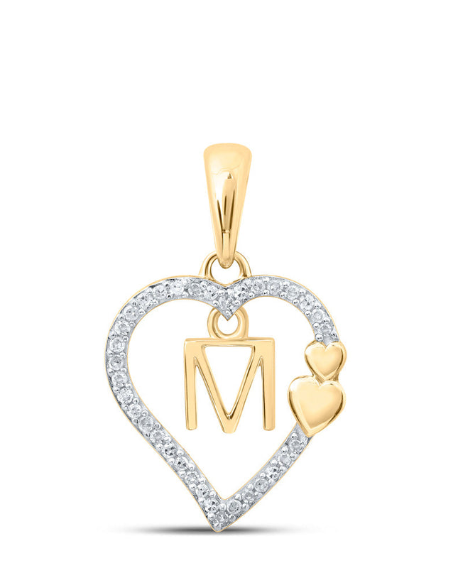 10kt Yellow Gold Womens Round Diamond M Heart Letter Pendant 1/10 Cttw