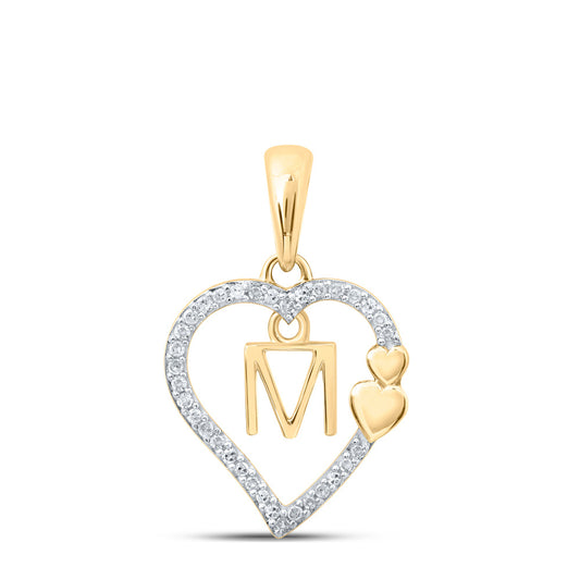 10kt Yellow Gold Womens Round Diamond M Heart Letter Pendant 1/10 Cttw