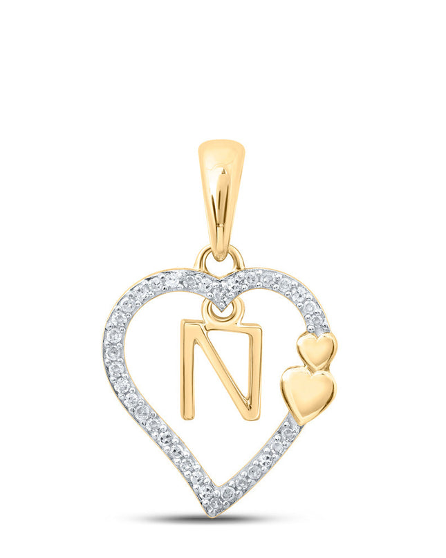 10kt Yellow Gold Womens Round Diamond N Heart Letter Pendant 1/10 Cttw