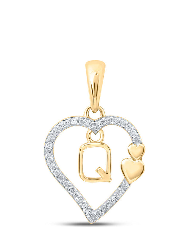 10kt Yellow Gold Womens Round Diamond Q Heart Letter Pendant 1/10 Cttw