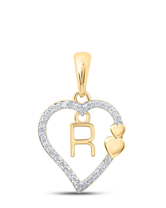 10kt Yellow Gold Womens Round Diamond R Heart Letter Pendant 1/10 Cttw