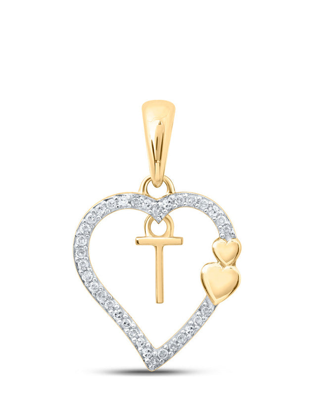10kt Yellow Gold Womens Round Diamond T Heart Letter Pendant 1/10 Cttw