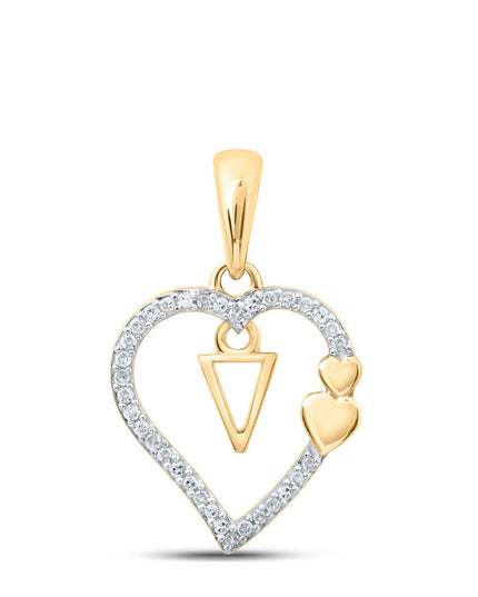 10kt Yellow Gold Womens Round Diamond V Heart Letter Pendant 1/10 Cttw
