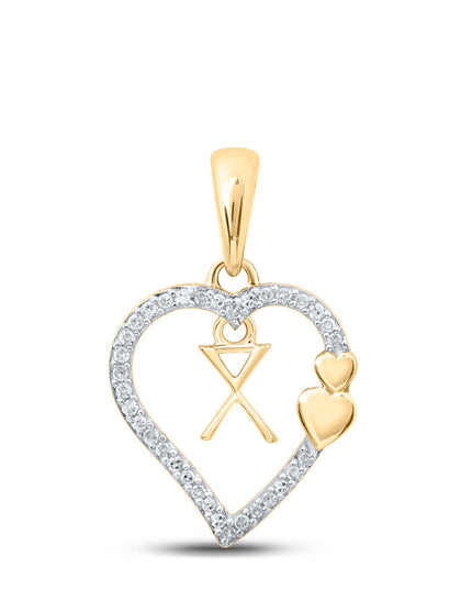 10kt Yellow Gold Womens Round Diamond X Heart Letter Pendant 1/10 Cttw