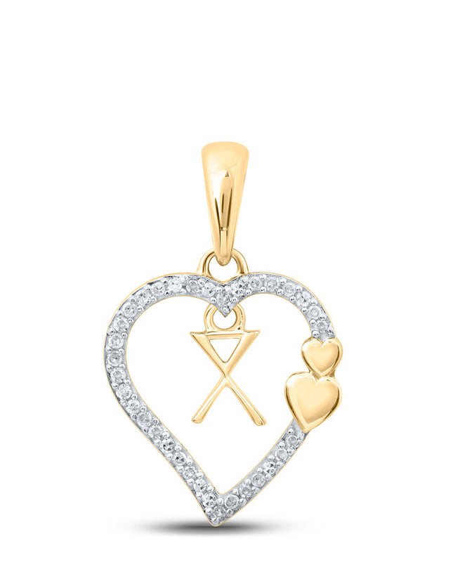 10kt Yellow Gold Womens Round Diamond X Heart Letter Pendant 1/10 Cttw