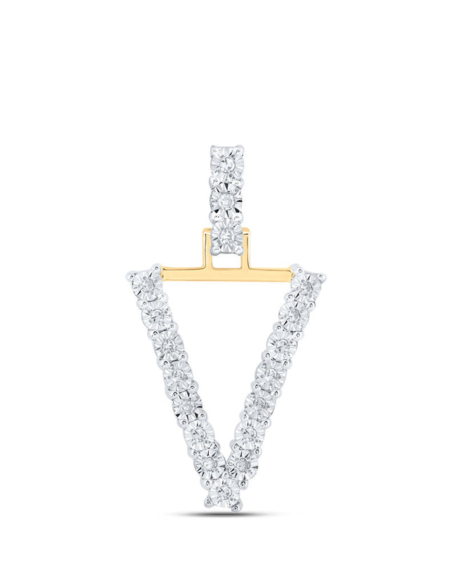 10kt Yellow Gold Womens Round Diamond V Initial Letter Pendant 1/10 Cttw
