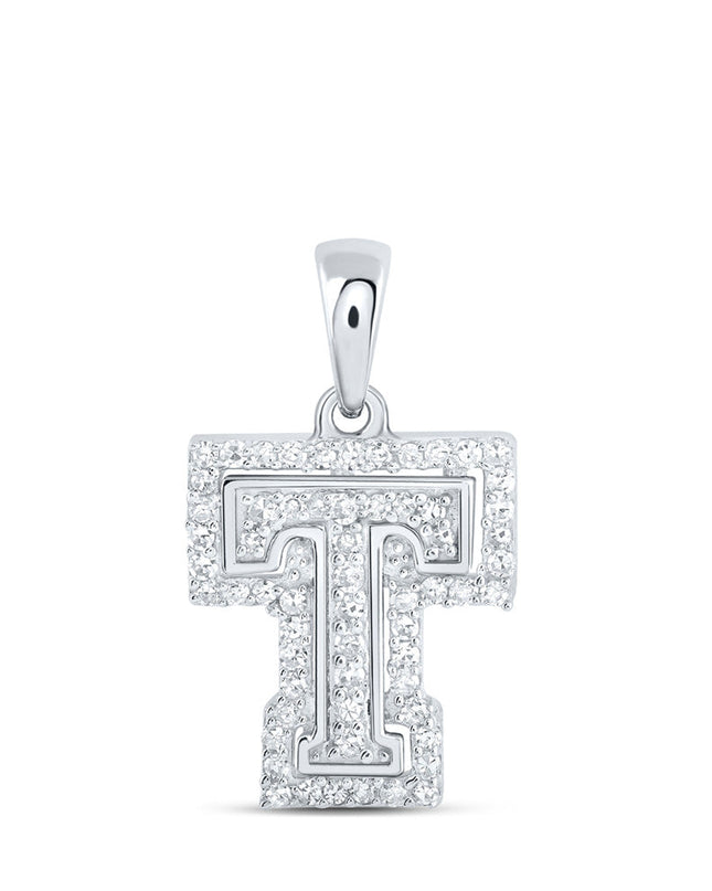 10kt White Gold Womens Round Diamond T Initial Letter Pendant 1/5 Cttw