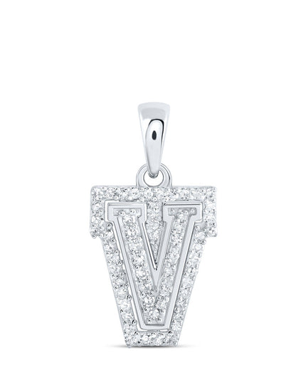 10kt White Gold Womens Round Diamond V Initial Letter Pendant 1/6 Cttw