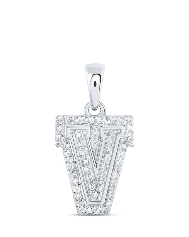 10kt White Gold Womens Round Diamond V Initial Letter Pendant 1/6 Cttw