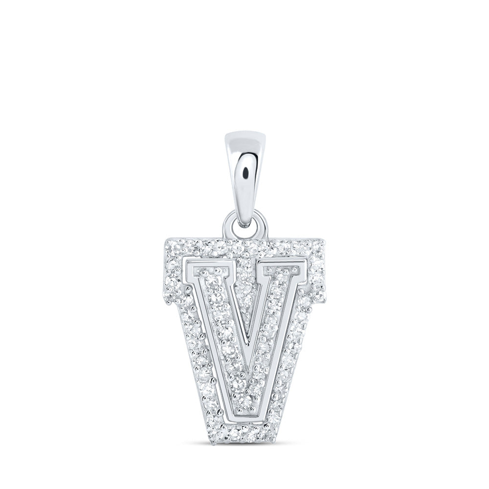 10kt White Gold Womens Round Diamond V Initial Letter Pendant 1/6 Cttw