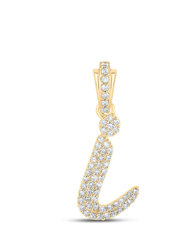 10kt Yellow Gold Womens Round Diamond I Cursive Initial Letter Pendant 1/4 Cttw