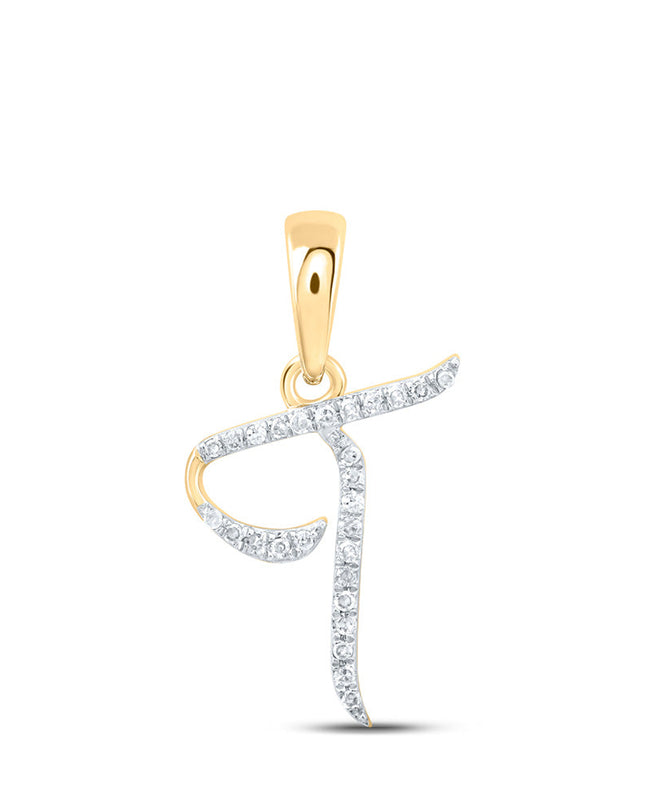10kt Yellow Gold Womens Round Diamond T Initial Letter Pendant 1/12 Cttw