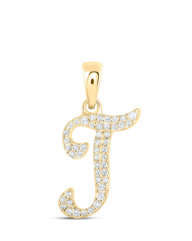 10kt Yellow Gold Womens Round Diamond T Initial Letter Pendant 1/10 Cttw