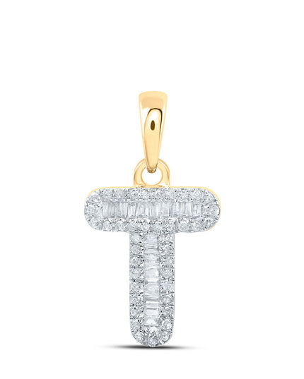 10kt Yellow Gold Womens Baguette Diamond T Initial Letter Pendant 1/4 Cttw