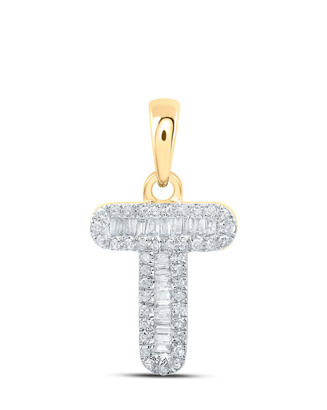 10kt Yellow Gold Womens Baguette Diamond T Initial Letter Pendant 1/4 Cttw