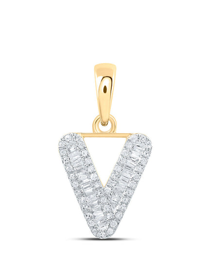 10kt Yellow Gold Womens Baguette Diamond V Initial Letter Pendant 1/4 Cttw