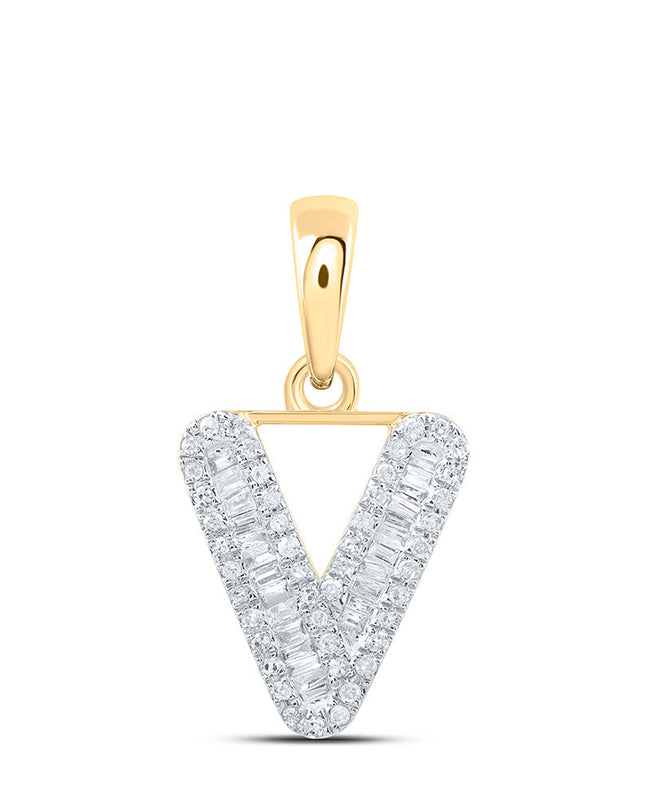 10kt Yellow Gold Womens Baguette Diamond V Initial Letter Pendant 1/4 Cttw