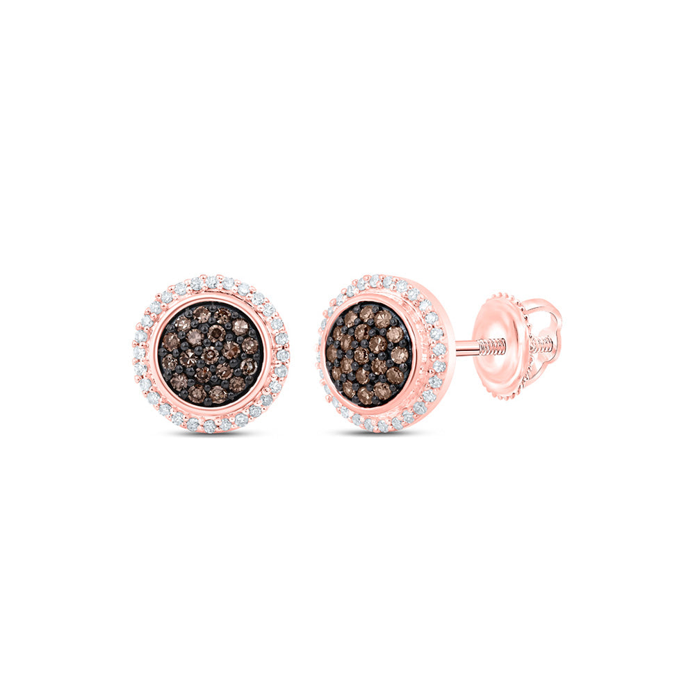 10kt Rose Gold Womens Round Brown Diamond Cluster Earrings 1/4 Cttw