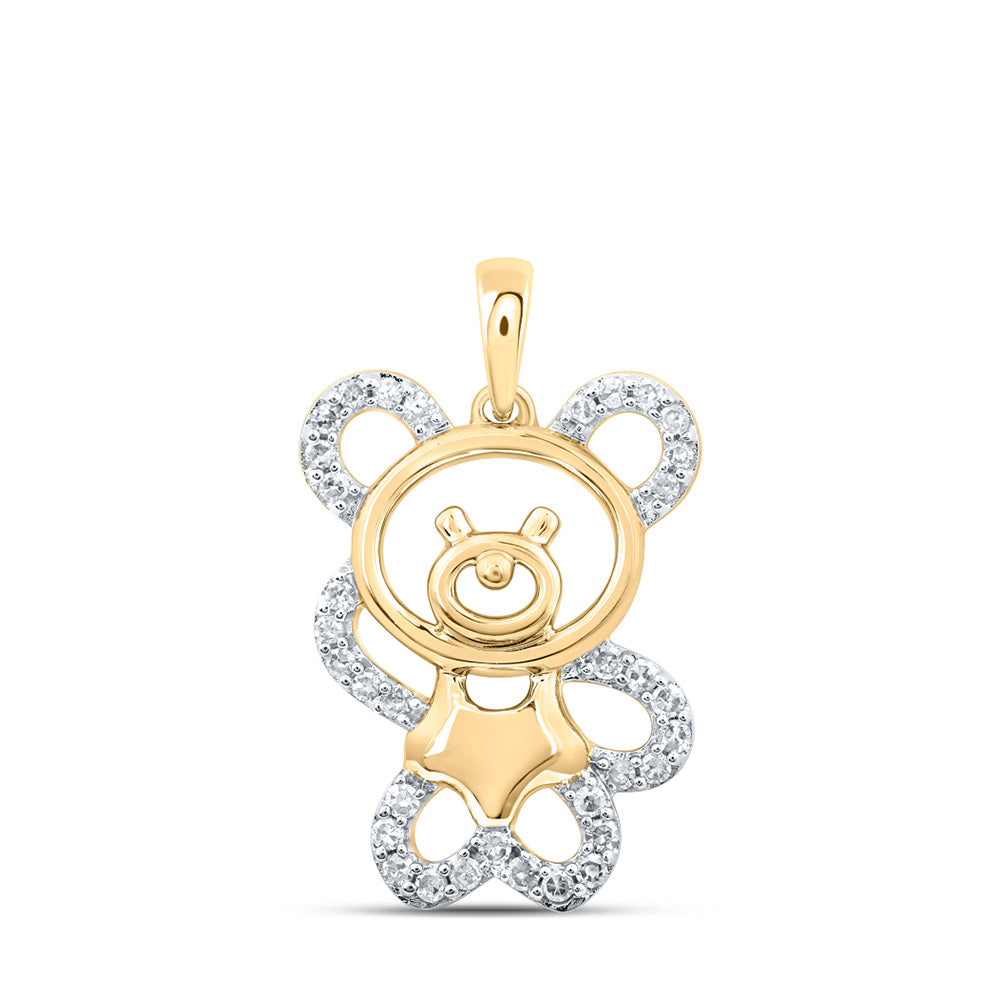 10kt Yellow Gold Womens Round Diamond Teddy Bear Animal Pendant 1/6 Cttw