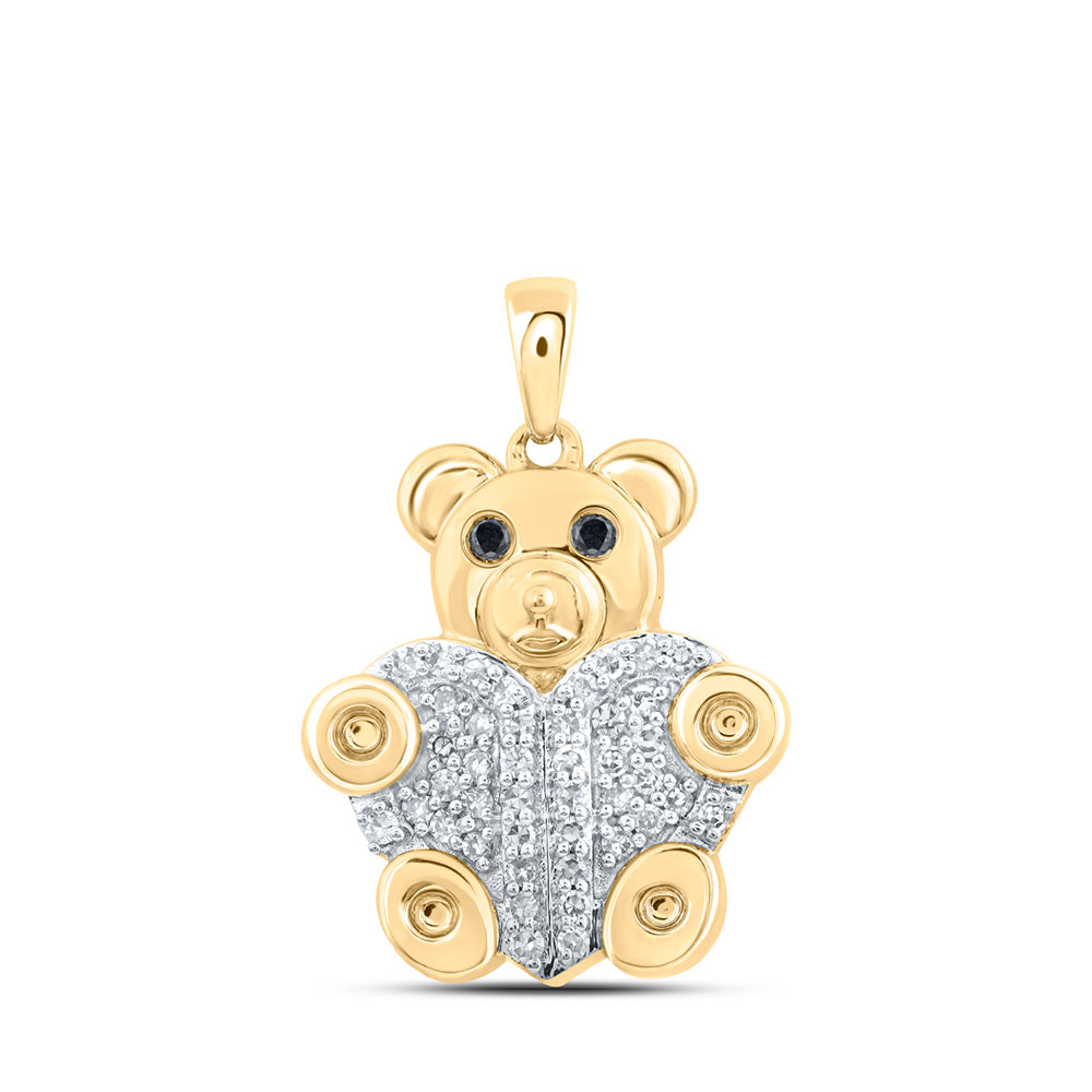 10kt Yellow Gold Womens Round Black Color Treated Diamond Bear Animal Pendant 1/5 Cttw