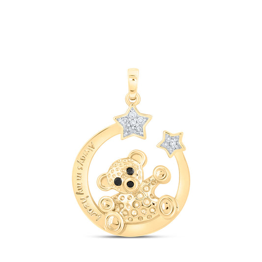 10kt Yellow Gold Womens Round Diamond Bear Crescent Moon Animal Pendant 1/12 Cttw