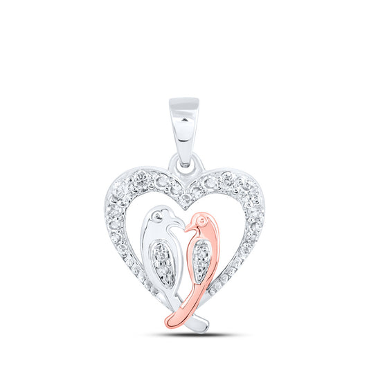 10kt White Gold Womens Round Diamond Love Birds Heart Pendant 1/8 Cttw