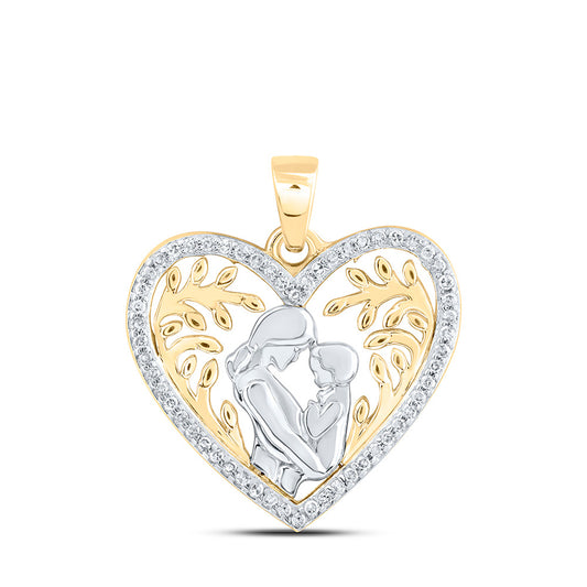 10kt Yellow Gold Womens Round Diamond Mom Child Heart Pendant 1/10 Cttw