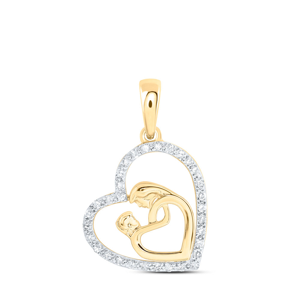 10kt Yellow Gold Womens Round Diamond Mom Child Heart Pendant 1/6 Cttw