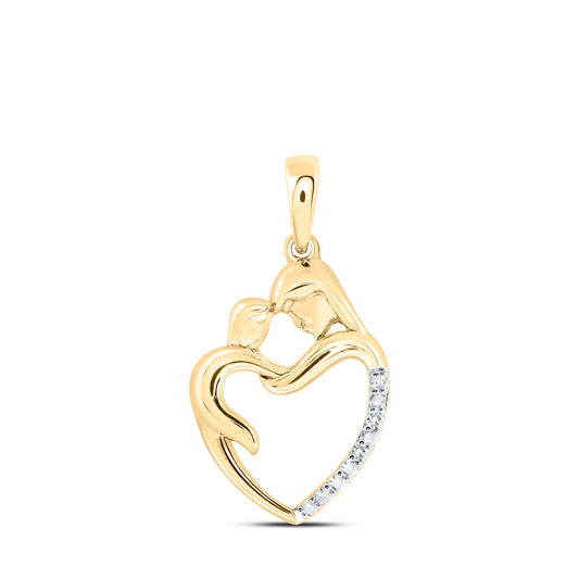 10kt Yellow Gold Womens Round Diamond Mom Child Heart Pendant 1/20 Cttw