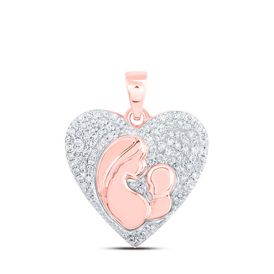 10kt Rose Gold Womens Round Diamond Mom Child Heart Pendant 1/5 Cttw