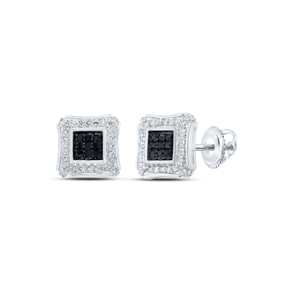 10kt White Gold Round Black Color Treated Diamond Square Earrings 1/4 Cttw